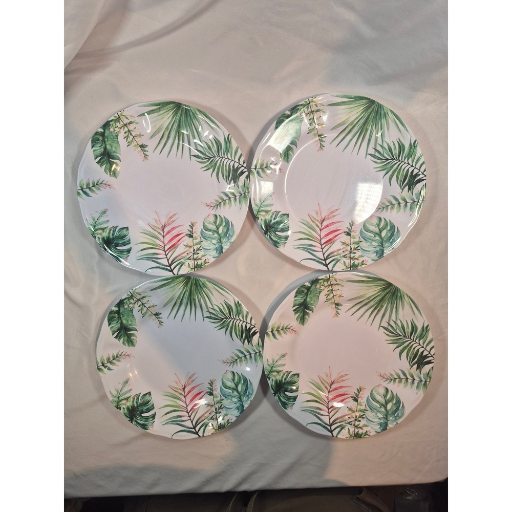 Tropical Floral Hibiscus Palm Leaf 100%‎ Melamine 10.75in Dinner Plates Set of 4